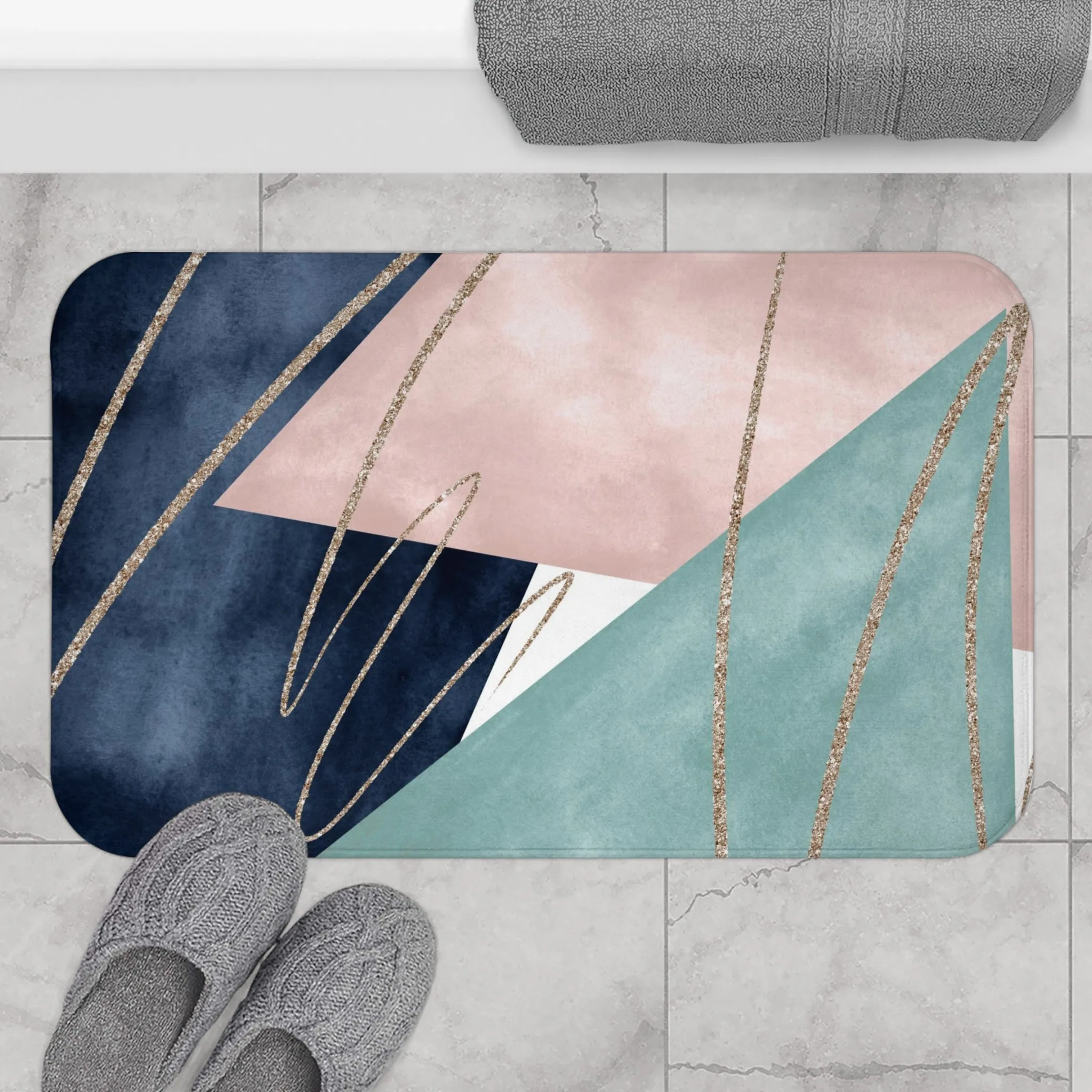 Abstract Bath Mat | Navy Teal Blue, Blush Pink