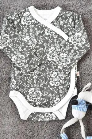 Dark Grey 'Floral' Unisex Full Sleeve Kimono Onesie In Organic Cotton
