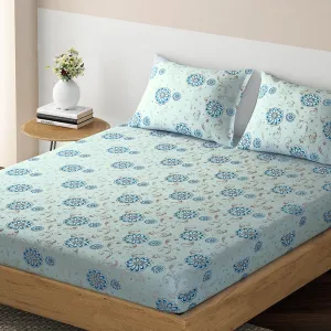HOKIPO Cotton Feel Brushed Microfiber 145 GSM Fitted Bedsheets King Size Double Bed, 78 x 72 inches with 2 Pillow Cover, Floral Scroll Blissful Blue (IN-777-D7)