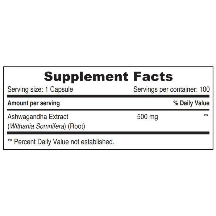 Sunshine Nutrition's Ashwagandha 500 mg Vegetable Capsules 100's