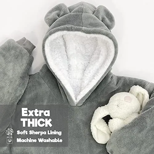 Wearable Blanket Kids 3 to 10yr Fun Animal Kids Hoodie Blanket Grey