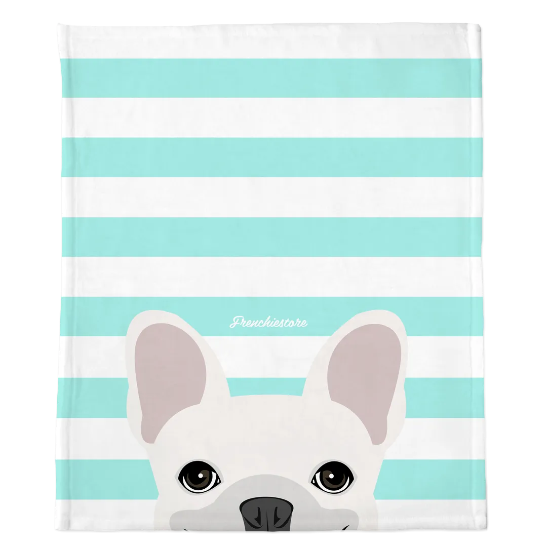 White French Bulldog on Aqua Stripes | Frenchie Blanket