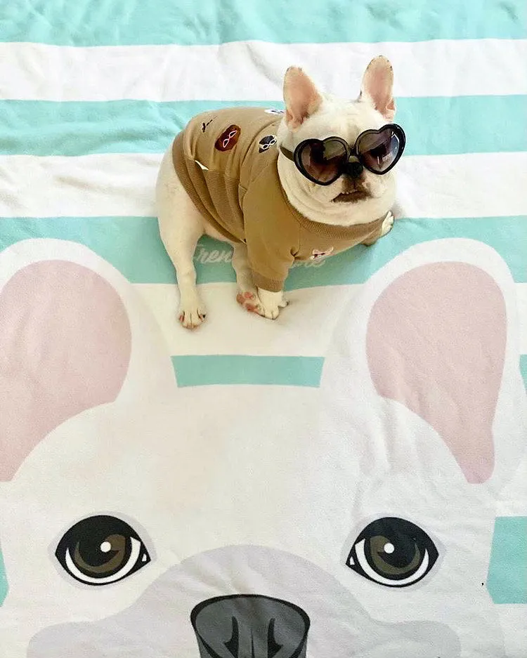 White French Bulldog on Aqua Stripes | Frenchie Blanket