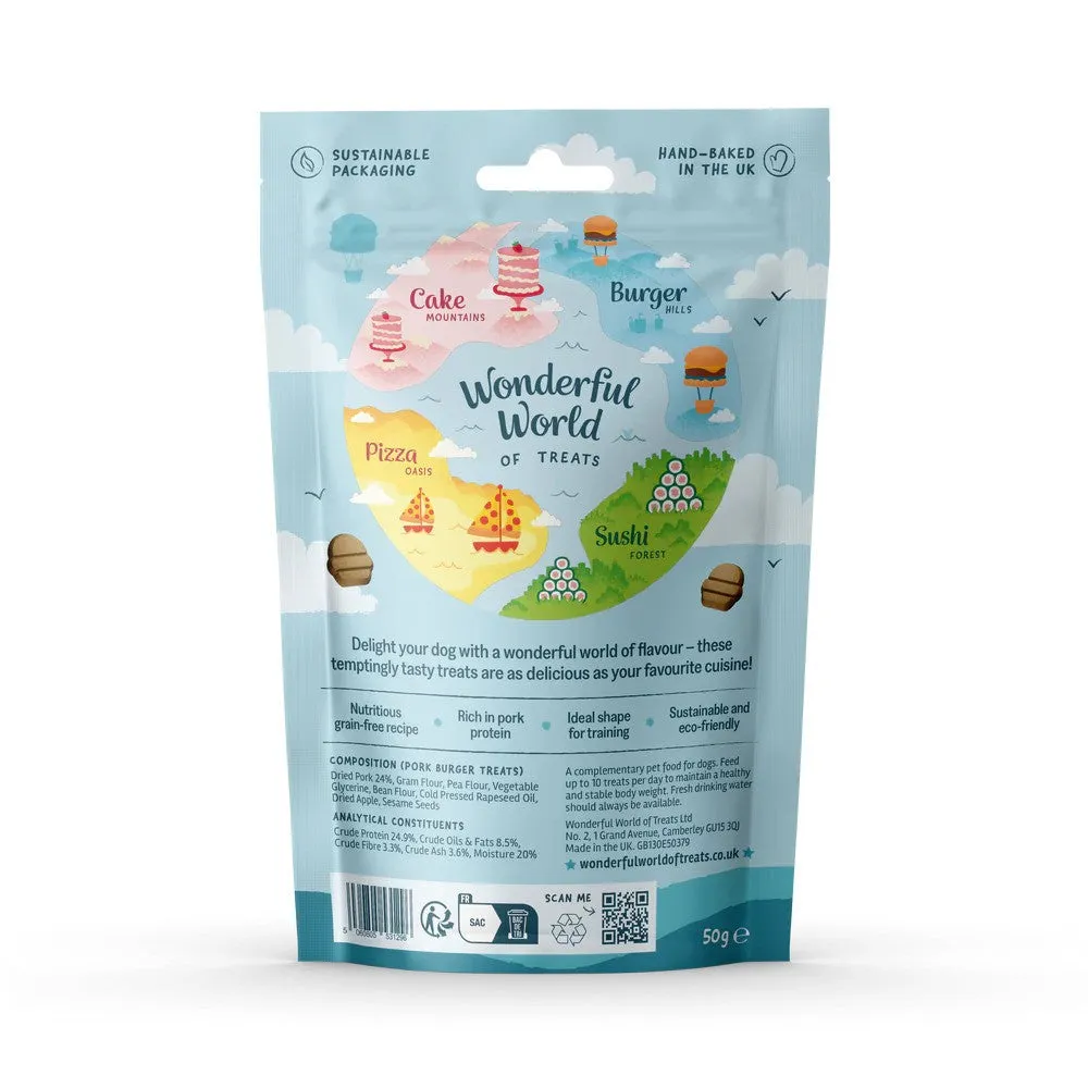 Wonderful World of Treats | Wheat Gluten Free, Natural Hand Baked Dog Biscuits | Pork Burger 50g